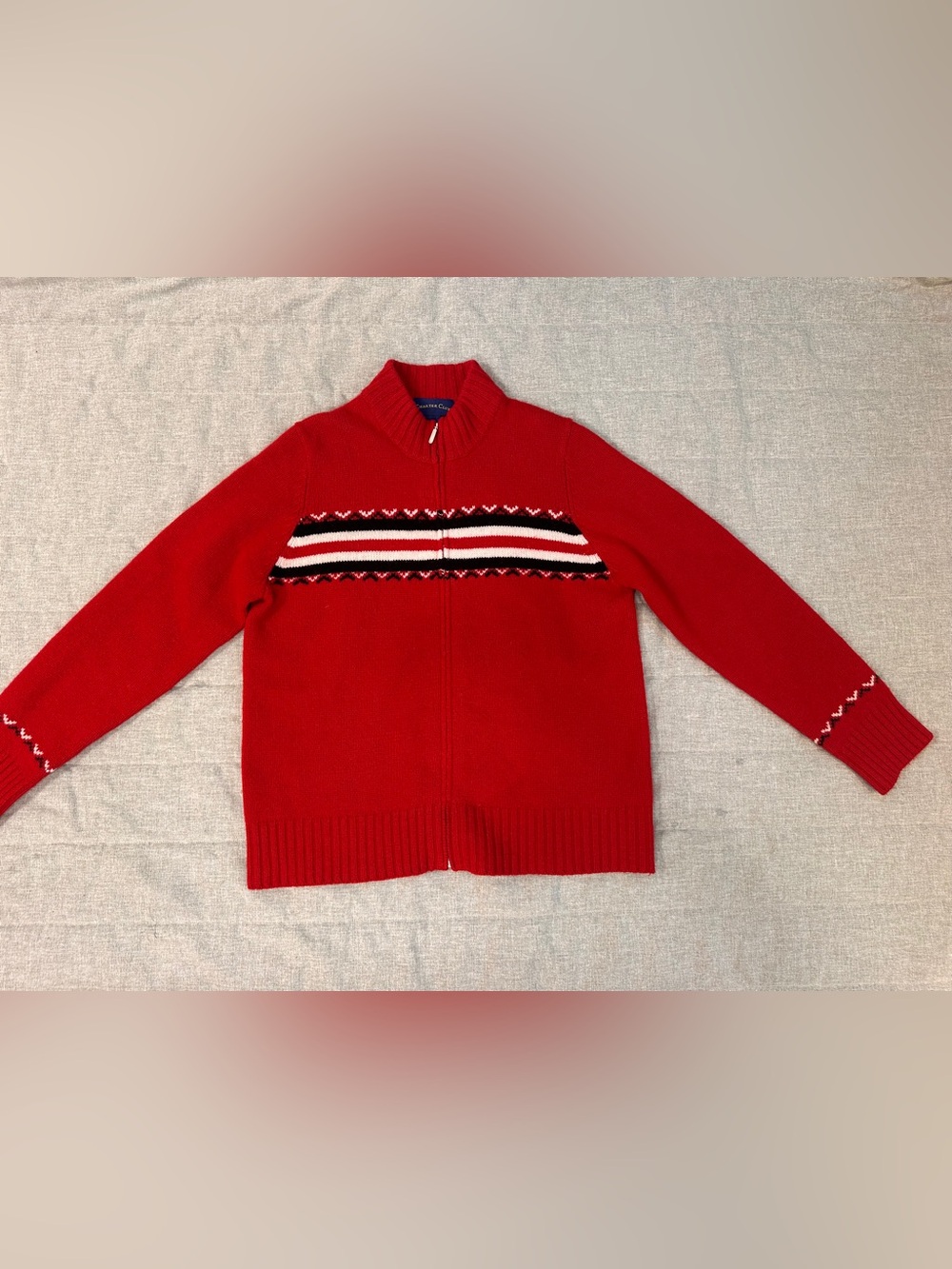 100% Wool Nordic Geometric Striped Fair Isle Red Sweater Full Zip Women’s L